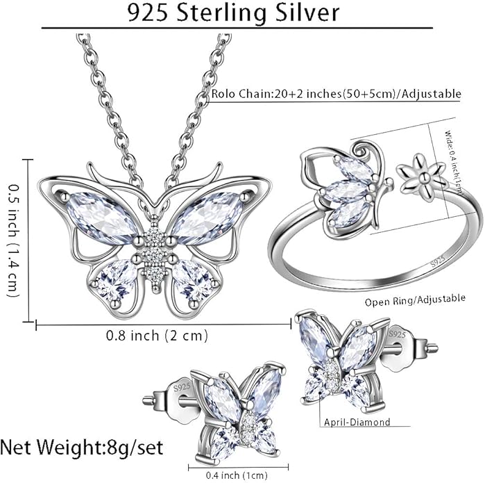 925 Sterling Silver Birthstone Butterfly Jewelry Women Crystal Animal Cute Butterflies Birthday Necklace/Earring/Ring/Bracelet Sets Birth Stone Statement Anniversary Jewellery