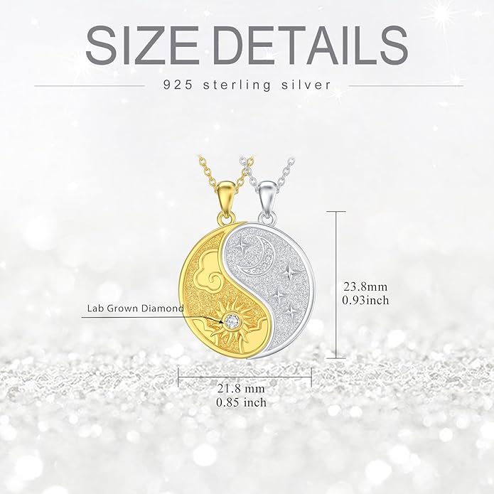 Diamond Sun and Moon Yin Yang Necklace for Couple Best Friend 925 Sterling Silver Yin Yang Matching Necklace with Lab Grown Diamond Jewelry Gifts Couple Friendship BFF Necklace for 2