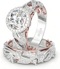 Jeulia 4 Carat Openwork Ring Sets for Women 925 Sterling Silver Wedding Sets Rose Gold Round Cut Halo Engagement Ring White Diamond band CZ Solitaire Anniversary Promise Rings