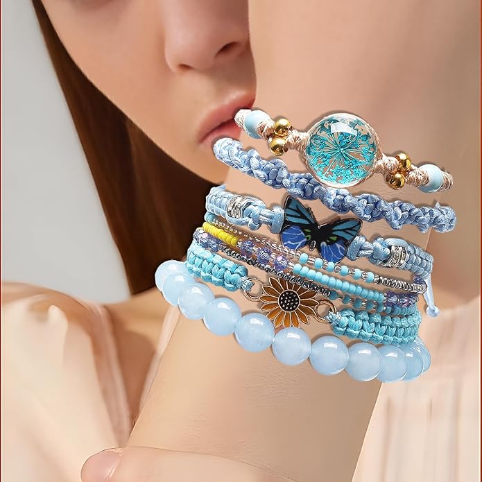 DS 6PCS String beads Charm Bracelets for Teen Girls Handmade Braided Rope Butterfly daisies Eternal flower Boho Surfer Bracelet for women Adjustable friendship Stretch birthday jewelry Gift Friends