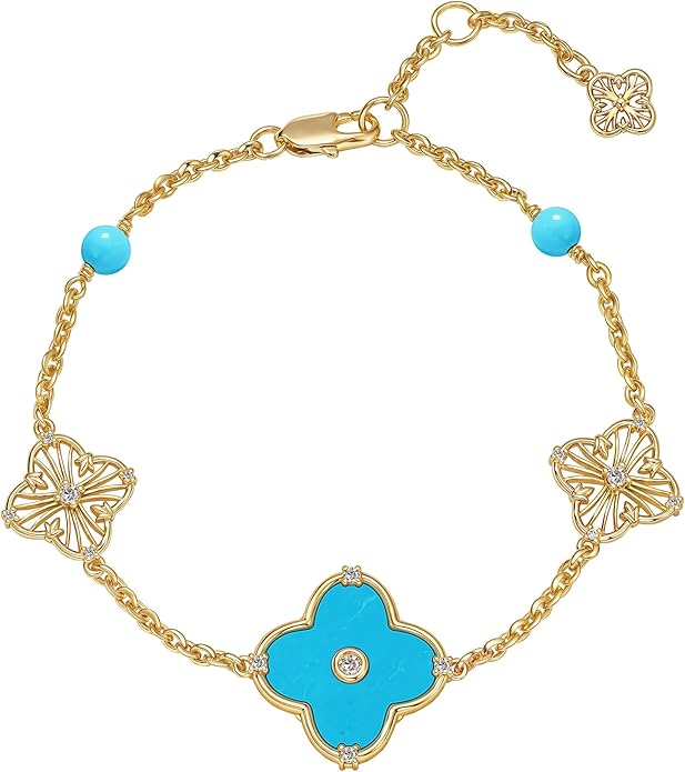 FETERO Gold Bracelets for Women Trendy, Dainty 14K Gold Plated Charm Clover Bracelet 2 Sided Lucky Pendant Cute Pearl Beaded Bracelets Link Chain Waterproof Womens Jewelry Gifts