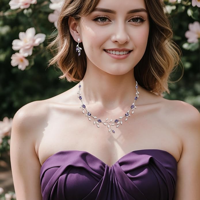 EVER FAITH Wedding Jewelry for Bride Women Bridesmaid, Sparkly Cubic Zirconia Pear-Shaped Birthstone Leaf Necklace Earrings Set for Prom
