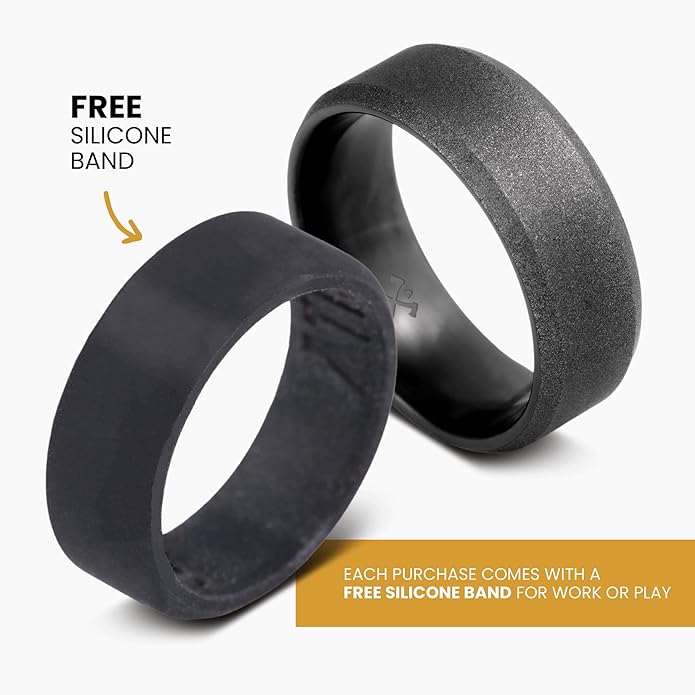Manly Bands: Mens Black Plated Tungsten and Black Zirconium Wedding Bands and Rings - Comfort Fit and Stylish Black Rings for Men, Free Silicone Ring Included
