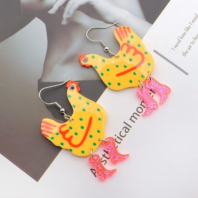Acrylic Boot Big Chicken Earrings,Funny Colorful Boots Chicken Drop Dangle Earrings,Cock Hen Foot Chicken Earrings for Women Farm Design Lovely Gift