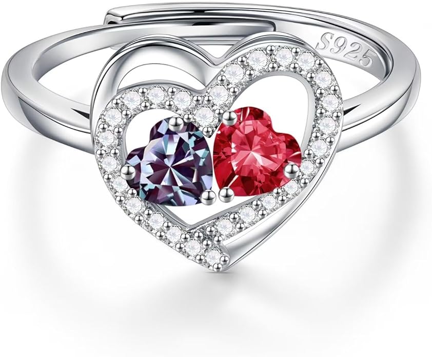Iefil Adjustable Ring for Women - 925 Sterling Silver Double Birthstone Rings, Anniversary Birthday Gifts for Women Wife Her