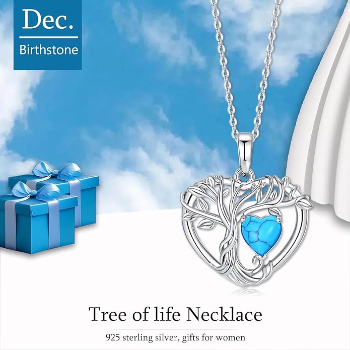 Tree of Life Necklaces for Women 925 Sterling Silver Heart Pendant Birthstone Necklace Created Gemstone Jewelry for Her, 18"+2"
