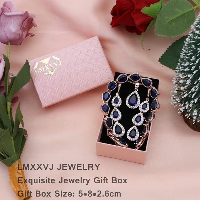 LMXXVJ Necklace Long Earrings Bracelet Set, White Gold Plated Created Blue Sapphire Jewelry Set Wedding Party Gift Jewelry for Women Bridal Bridesmaid