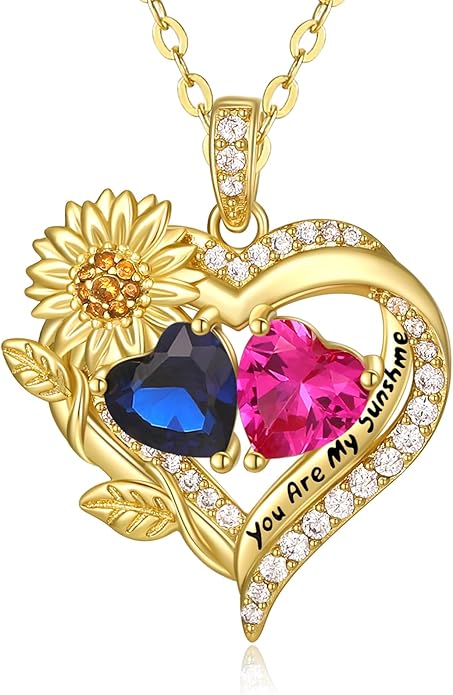 Sunflower Heart Necklace for Women 14K Gold Exquisite Valentines Day Anniversary Birthday Gifts for Wife Mother Her Double Birthstone Pendant Jewelry‘You Are My Sunshine’