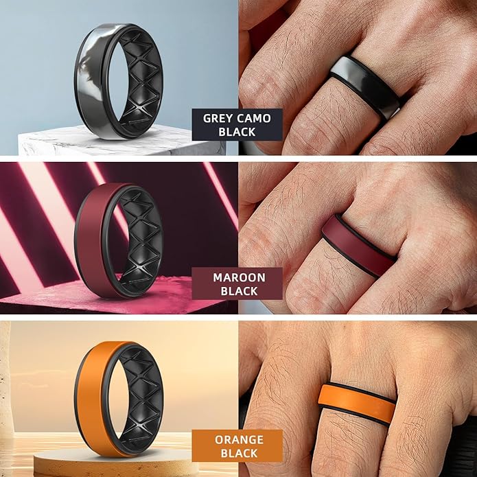 Egnaro Silicone Rings for Men 1/4/5/6/7 Multipack of Breathable Mens Silicone Rubber Wedding Rings Bands - Step Edge