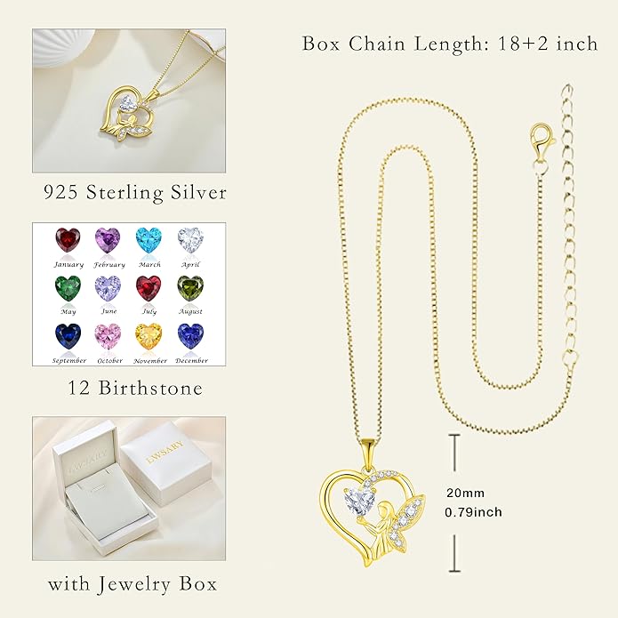 Guardian Angel Necklace 925 Sterling Silver Heart Angel Wings Pendant Birthstone Jewelry for Women