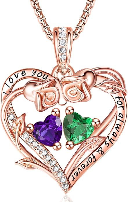 Rose Heart Necklaces for Women, Rose Gold Forever Love Jewelry with 2 Birthstones Pendant,Valentines Anniversarry Birthday Gifts for Her Wife Mom Grandma Daughter, 18+2 Inch Chain