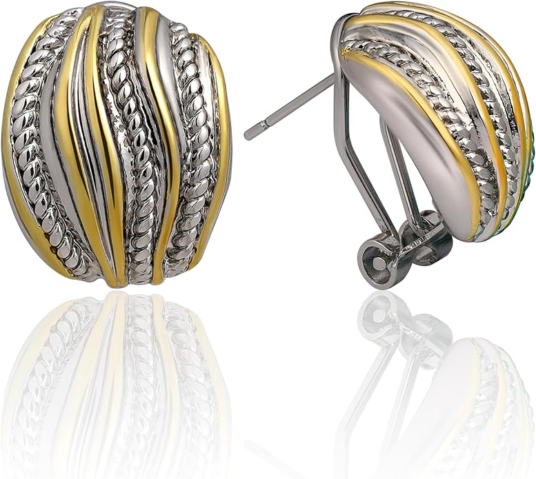 Mytys Two Tone Huggie Hoop Earrings Cross Over Design Twisted Rope Silver Gold Statement Wide Band Clip On Hoops for Women Fashion Jewelry Gift