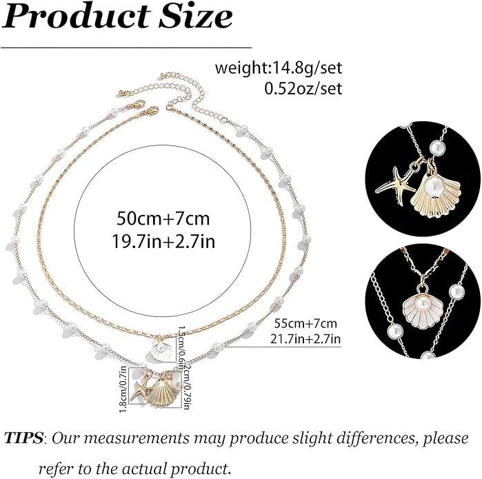 Gold Sea Shell Necklace Layered Charm Necklace for Women Boho Summer Seashell Beach Starfish Necklaces 14k Pearl Chain Surfer Jewelry Beach Vacation Essentials