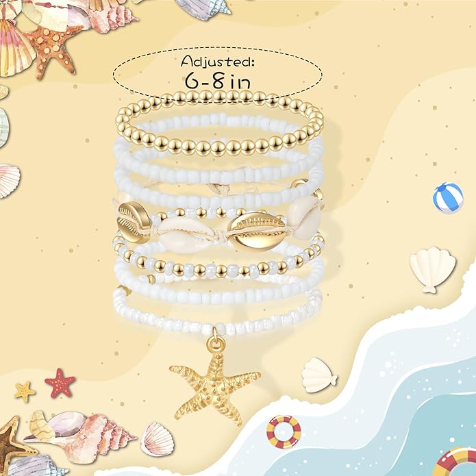 Artlunar Summer Beach Bracelet for Men Women Teens Seashell Starfish Clay Beaded Elastic Stackable Stretch Boho Friendship Bracelets Summer Jewelry Gifts Party Accessories