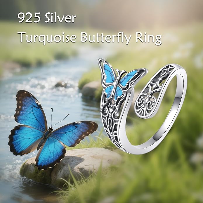 VONALA Dragonfly/Butterfly/Tree of Life/Sunflower Ring for Women 925 Sterling Silver Adjustable Turquoise Ring Flower Antique Jewelry Gifts