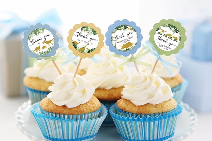 80 Pieces Cute Dinosaur Thank You Stickers, Boy Baby Shower Birthday Party Decorate Watercolor Little Dino Themed Round Party Gift Wrap Bag Label Decorations, 4 Design Stickers