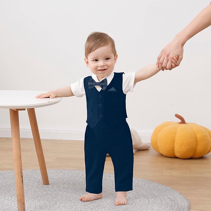 DISAUR Baby Boy Clothes Toddler Boy Outfits 4PCS Gentleman Dress Romper/Vest/Pants/Bow Tie Cotton Suit Sets