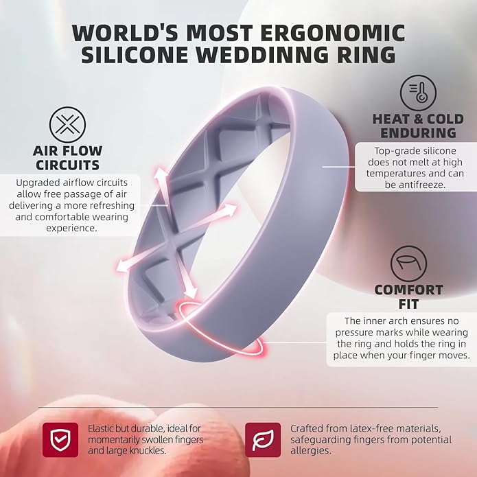 Egnaro Women's Bridal Rings Sets, Inner Arc Ergonomic Breathable Design Silicone Rubber Wedding Bands