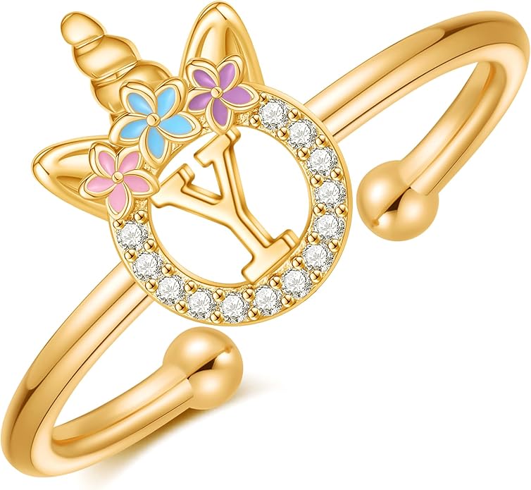 Unicorn Rings Gifts for Girls - Adjustable Initial Ring Dainty Cute Unicorn Rings for Girl Teens Little Girls Jewelry Birthday Gift