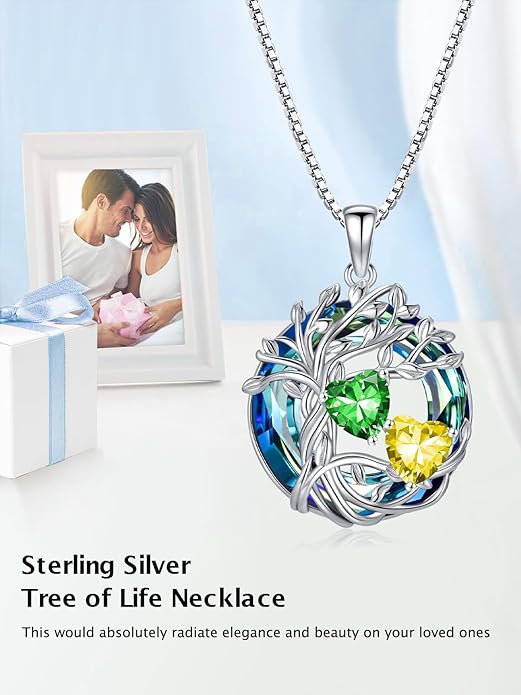 TOUPOP s925 Sterling Silver Family Celtic Tree of Life Pendant Necklaces with 2 Heart Birthstone with Blue Austrian Crystal Jewelry Birthday Valentines Day Gifts for Her, Anniversary Christmas Gifts for Wife Girlfriend Mom (18K Real White Gold Filled)