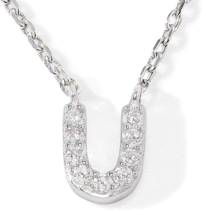 JTV Sterling Silver Initial Necklace for Women, 0.13 CTW White Cubic Zirconia Letter Pendant, Rhodium-Plated, Personalized Monogram Jewelry, Gift Box Included, 18”
