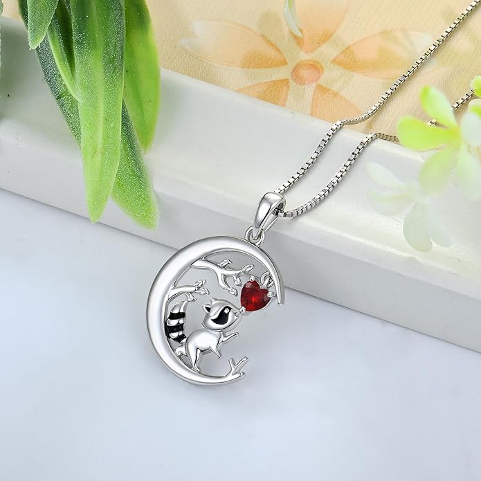 STARCHENIE Raccoon Necklace 925 Sterling Silver Heart Birthstone Pendant Cute Animal Jewelry for Women