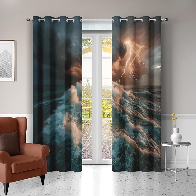 Thunderstorm Blackout Curtains 96 Inches Long, Ocean Waves Curtains - Image 2