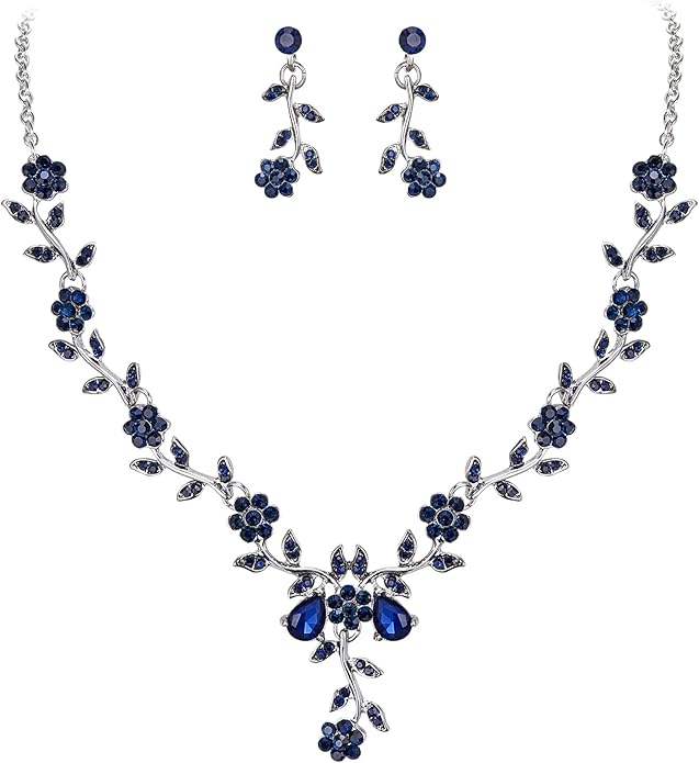 BriLove Women's Wedding Jewelry Leaf Cluster Flower Crystal Dangle Earrings Pendant Necklace Set for Bridal