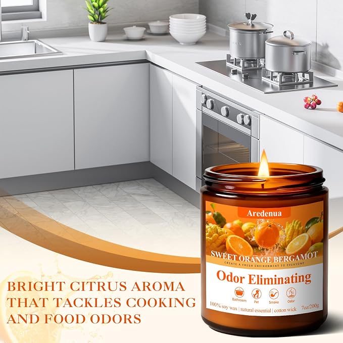 Sweet Orange Odor Eliminating Candles, 7 oz Soy Scented Candle | Eliminates 95% - Image 3