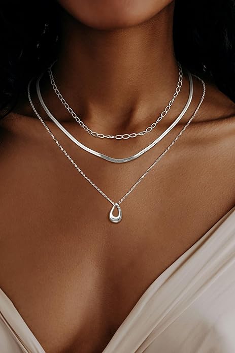 NECOCY Valentine's Day Gift 14k Gold/Silver Plated Layered Gold Necklaces for Women, 3Pcs Dainty Herringbone Choker Set, Trendy Stack Simple Chain Layering Pendant Jewelry