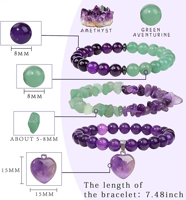 Healing Crystal Beaded Bracelets for Women,Natural Amethyst Gemstones Bracelet,Anxiety Stress Relief Heart Charm Bracelet Handmade purple Jewelry Gifts for Women
