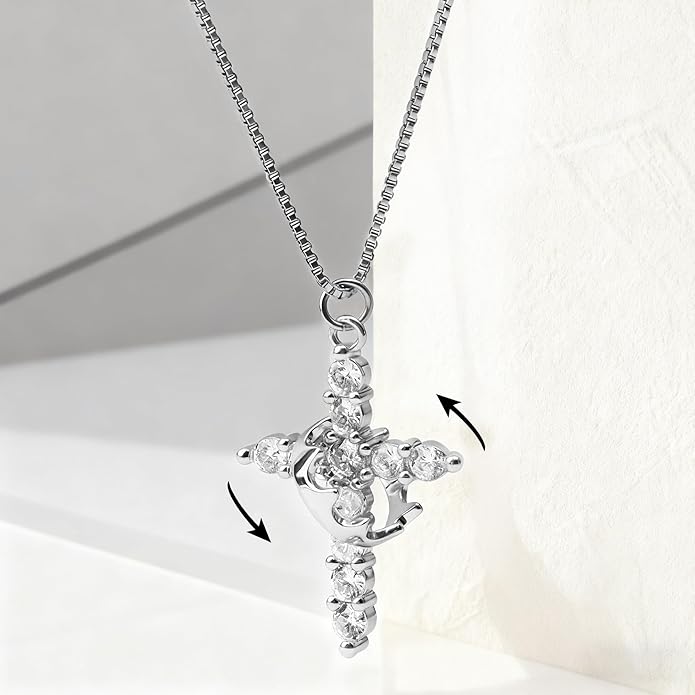 Crown Cross Necklace for Women, 14K Gold Silver Cubic Zirconia Crown Cross Necklace, Diamond Gold Silver Cross Necklaces, Dainty Cross Faith Simple Trendy Charm Jewelry Gift for Women