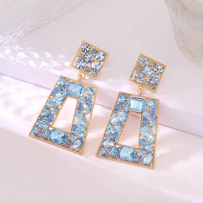 Rhinestone Rectangle Statement Earrings Colorful Crystal Geometric Drop Dangle Earrings for Women Prom Party