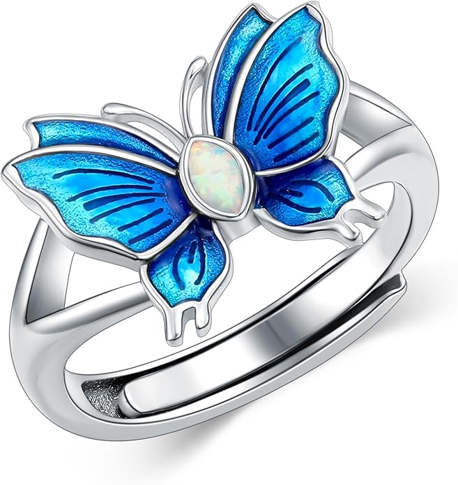 Sterling Silver Blue Butterfly Opal Rings for Women,Butterfly Open Ring Butterfly Ring Butterfly Adjustable Ring Opal Ring Jewelry Gift for Hers Ring Adjustable Size 6-9-1