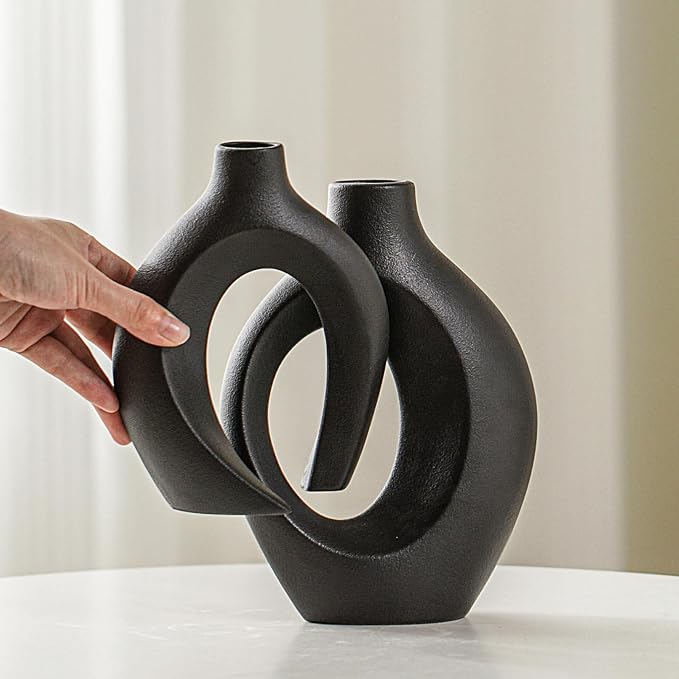 Black Hollow Ceramic Vase Set of 2, Snuggle Round Boho Donut Modern Vase Nordic - Image 8