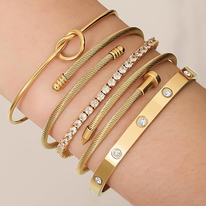 18 K Gold Plated Love Bangle Bracelet Stack Cuff Jewelry for Women Jewelry Set for Women Gift with Box