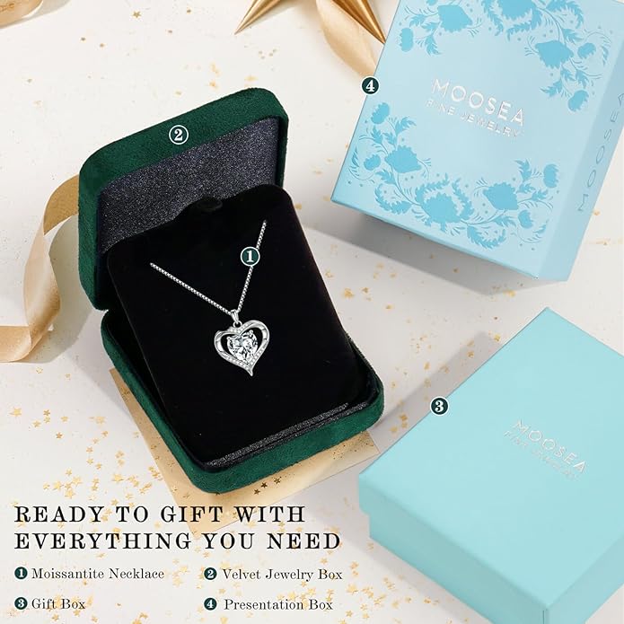MOOSEA Valentines Day Gifts for Her, 1-3ct 925 Sterling Silver Anniversary Birthday Gifts for Women Wife Girlfriend Jewelry Moissanite Necklace