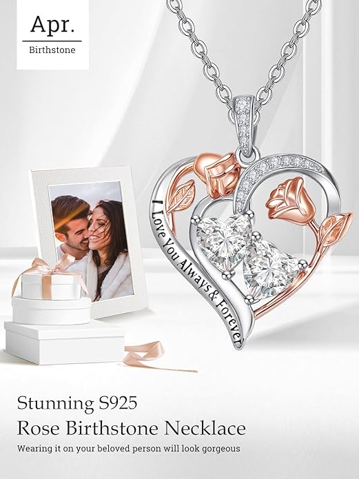 Valentine's Day Gifts for Wife 925 Sterling Silver Double Birthstone Pendant Necklaces I Love You for Always and Forever Necklace Anniversary Birthday Gifts for Wife Girlfriend Mom Her