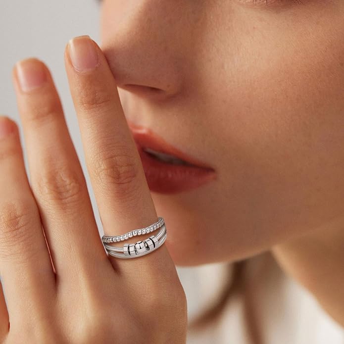 Vito 925 Sterling Silver Fidget Anxiety Ring for Women, Adjustable Open Spinner Ring Stress Relief Ring Stacking Band Anillos Jewelry Gift for Mom Daughter