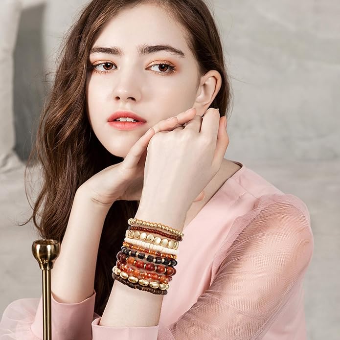 GOOJIDS Surfer Heishi Clay Bead Bracelets for Women Bohemian Stackable Gold Plated Beaded Stretch Bracelets Elastic Layering Friendship Bracelets Set Boho Jewelry