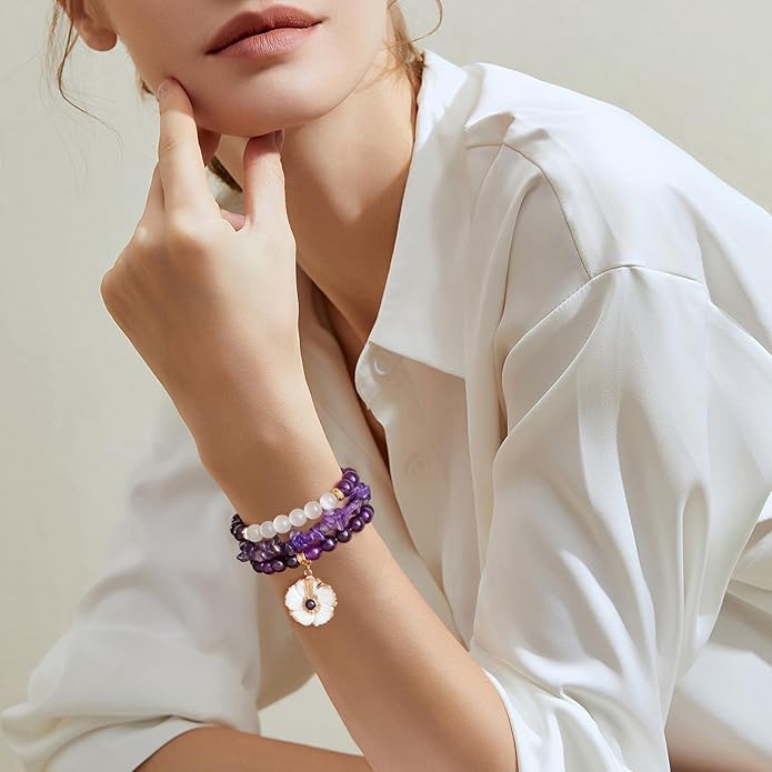 Healing Crystal Beaded Bracelets for Women,Natural Amethyst Gemstones Bracelet,Anxiety Stress Relief Heart Charm Bracelet Handmade purple Jewelry Gifts for Women
