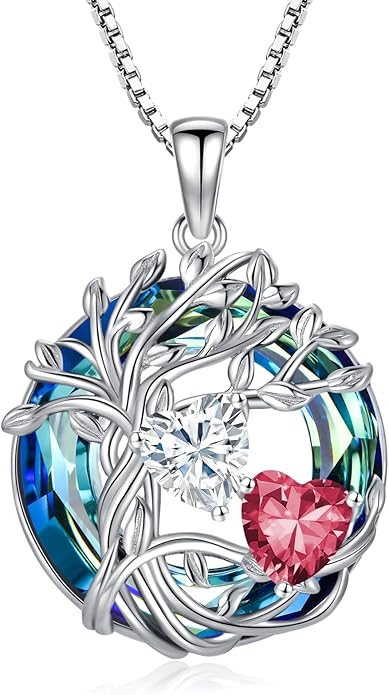TOUPOP s925 Sterling Silver Family Celtic Tree of Life Pendant Necklaces with 2 Heart Birthstone with Blue Austrian Crystal Jewelry Birthday Valentines Day Gifts for Her, Anniversary Christmas Gifts for Wife Girlfriend Mom (18K Real White Gold Filled)
