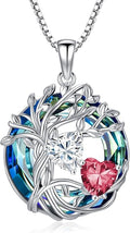 TOUPOP s925 Sterling Silver Family Celtic Tree of Life Pendant Necklaces with 2 Heart Birthstone with Blue Austrian Crystal Jewelry Birthday Valentines Day Gifts for Her, Anniversary Christmas Gifts for Wife Girlfriend Mom (18K Real White Gold Filled)