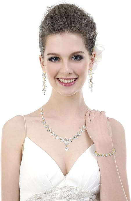 Wedding Jewelry Sets for Bride Bridesmaid Bridal Jewelry Set for Women Wedding Crystal Necklace Earrings Bracelet Set for Party Prom Jewelry