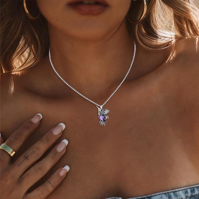 RMREWY Genuine Amethyst Hummingbird Pendant Necklace,925 Sterling Silver Native American Vintage Boho Western Pendant Real Gemstone Jewelry Birthdays Gift for Women Bird Lover