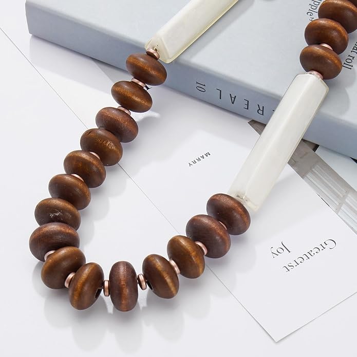 Coiris Layer Chunky Wood Beaded Necklace Exaggerated Statement Bead Collar Necklace Bib Necklaces