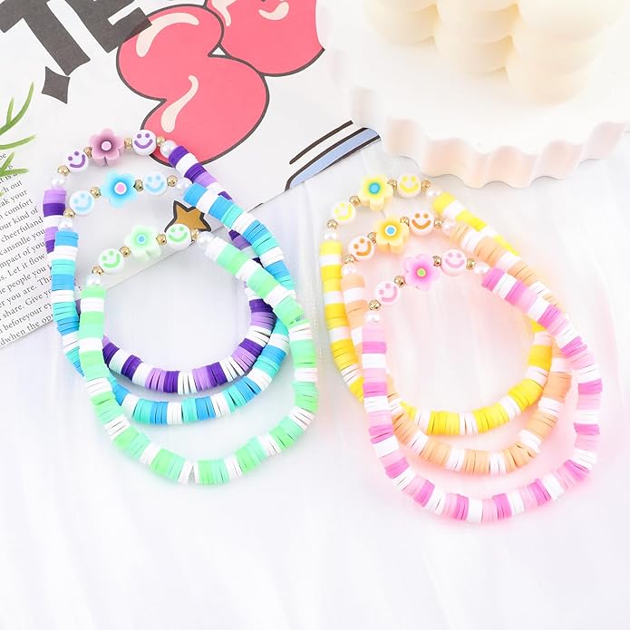 Bohemian Colorful Beaded Bracelets for Women Boho Stackable Natural Stone Letter Clay Glass Beads Stretch Bracelet Set with Charm, Cute Rainbow Friendship Bracelets for Summer Vacation