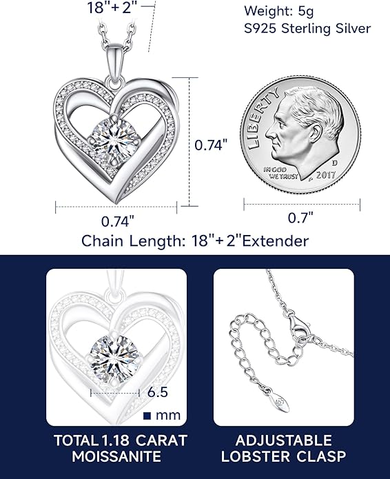 MomentWish Heart Necklace for Women Moissanite, Simulated Diamond, 925 Sterling Silver