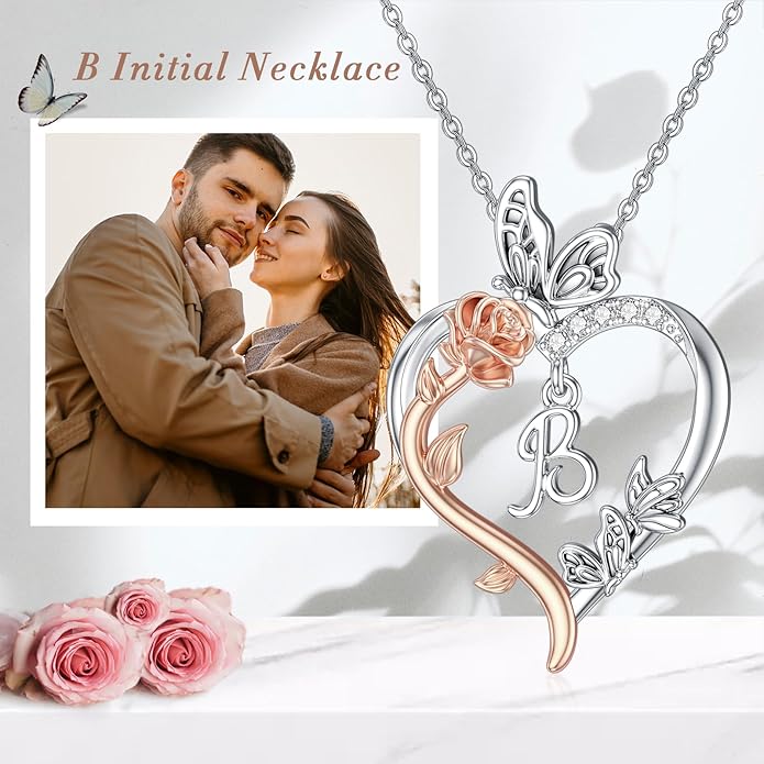 TOUPOP Rose Heart Necklaces Gifts for Women 925 Sterling Silver Butterfly Heart Initial Necklace Anniversary Valentines Day Birthday Jewelry Gifts for Mom Her Wife Girlfriend Daughter