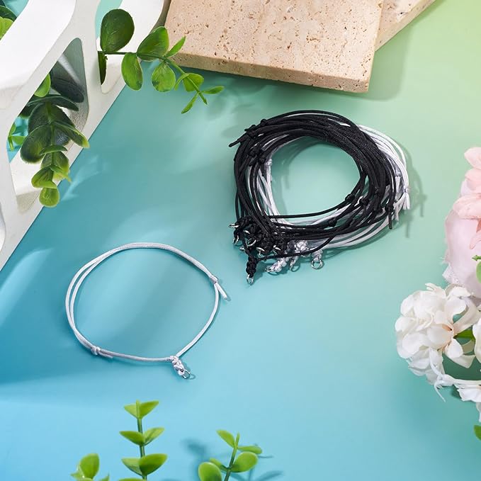 20Pcs Adjustable Braided Cord Black and White Waxed Thread Half Finished Bracelet with Jump Rings Knotting Bracelet Ropes for Wrist DIY Women Jewelry Friendship Bangle Decor 8.5-16cm Long